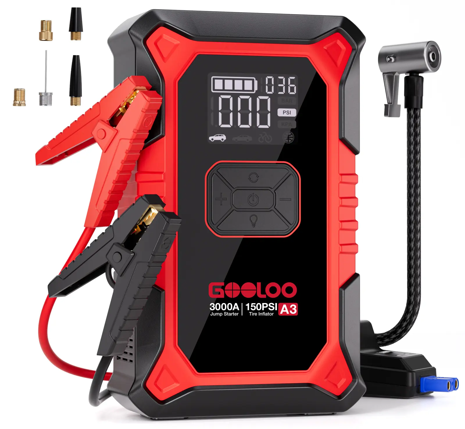 GOOLOO A3 Arrancador de batería con compresor de aire, 3000 A (9,0 gasolina/6,5 L diésel) con inflador de neumáticos de apagado automático de 150 PSI, caja de salto de litio supersegura de 12V.