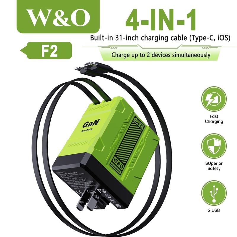 W&O 4-in-1 Portable GaN Fast Charger  Compatible with 120W Fast Chargeing with Retractable Cable USB-C & Lightning Usb Connector iphone 16 plus cases smart watch iphone 15 pro max earbuds portable charger chargers android phones power bank power bank