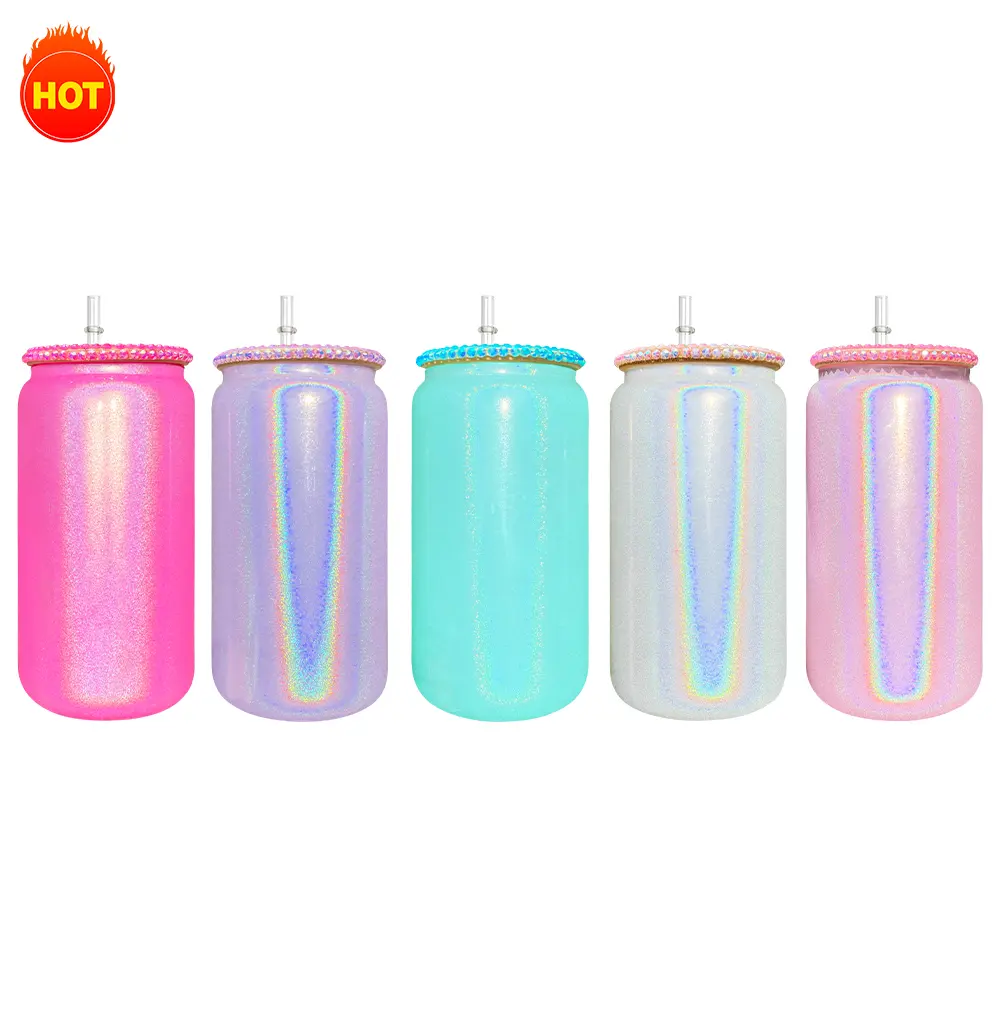 25pcs/50pcs 16oz Sublimation Shimmer Glass Cans With Plastic Bling Rhinestone Lids Blank sublimation 16oz shimmer coffee travel glass mugs Bottle Drinkware Tumbler Bottled