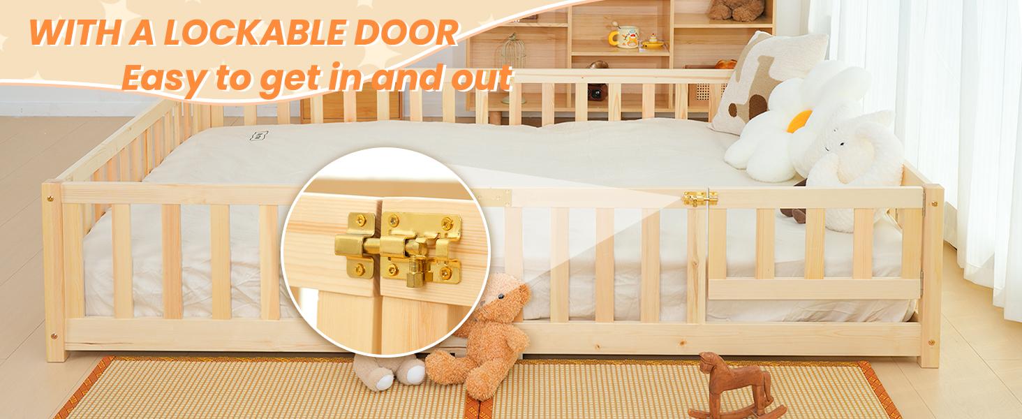 Naudacaa Twin/Full Size Montessori Floor Bed for Kids Solid Wood Frame with Fence Door & Safety Guardrails CPC Certified