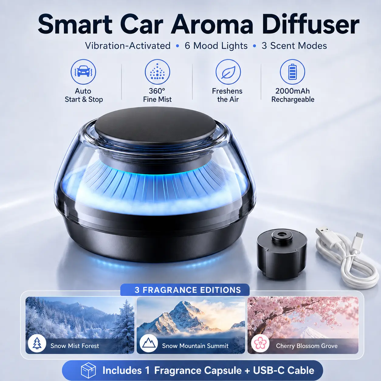 KARVION Smart Car Air Freshener Spray-Auto Start/Stop Car Fragrance Kit, Car Aromatherapy, Vehicle & Interior Accessories, Long-Lasting Multi-Scents, Replaceable Fragrance Cartridge,Gifts for Men Women