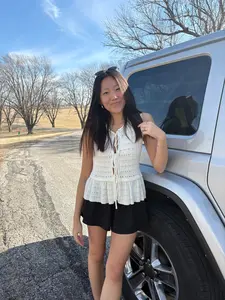 Queen Bee Boutique Front Tie Open Knit Crochet Sweater Vest White Boho Medium Length for Spring & Summer Vacation Wear - Fit