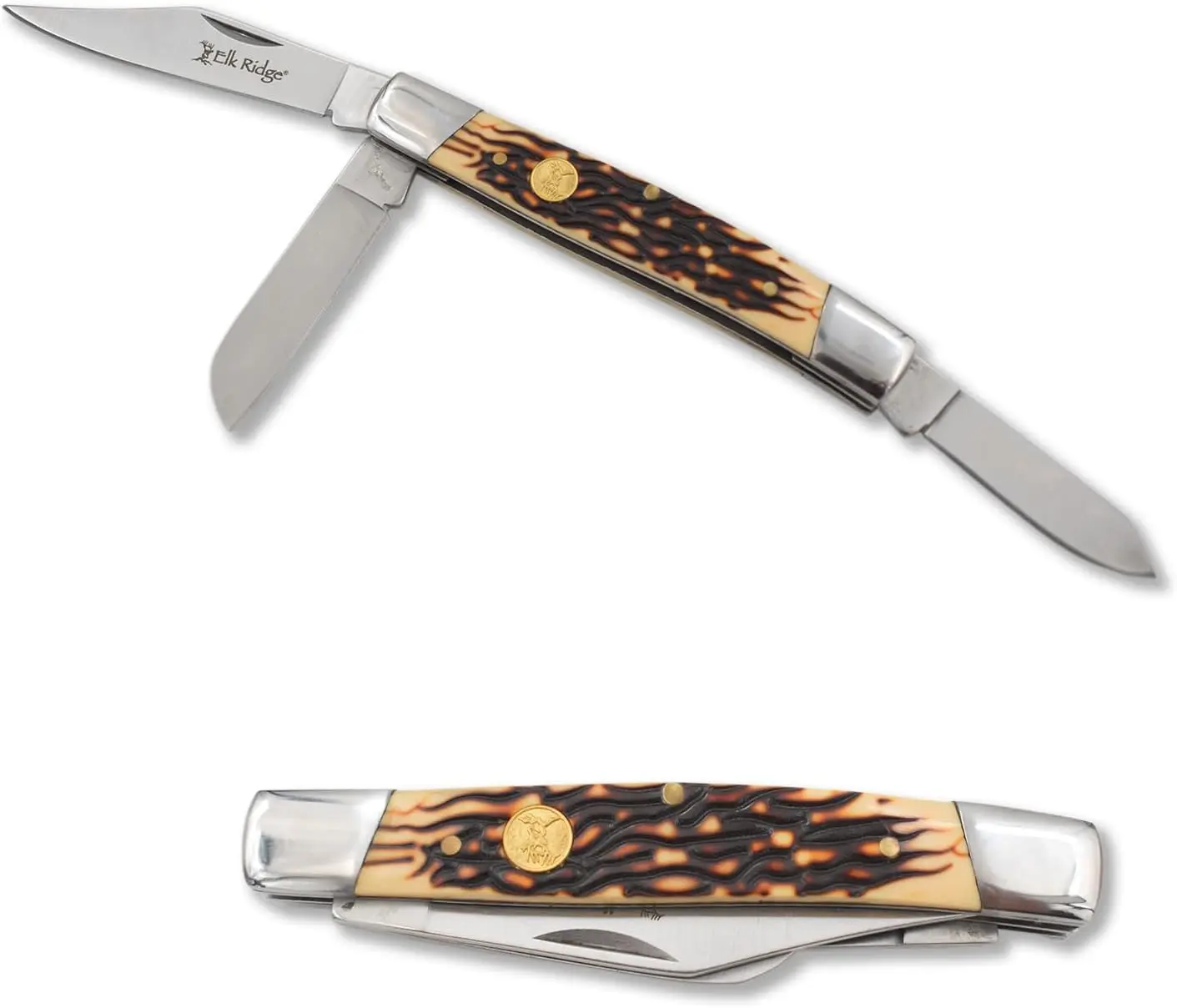 Elk Ridge 3 Blade Trapper Folding Pocket Knife 4-in Faux Jig Bone Handle Stainless Steel Blade ER-043I