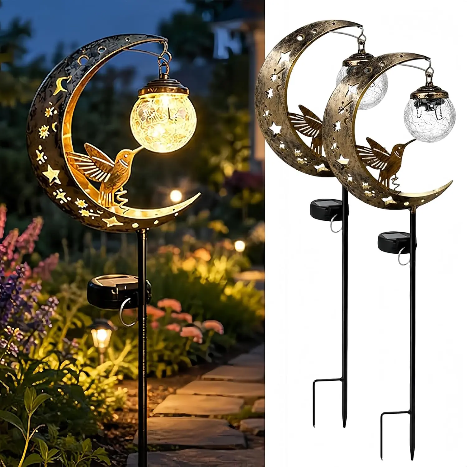 Solar Hummingbird Garden Stake Lights - Crackle Glass Ball with Half-Moon, IP65 Waterproof Solar Lights, Auto Dusk-to-Dawn Warm White LED, Iron Metal Decor for Patio, Flower Beds, 1/2/3/4 Pcs with Artistic Charm