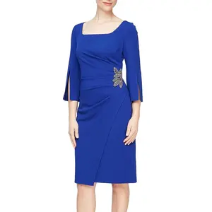 NWT New Alex Evenings Womens Size 4 Blue 3/4 Sleeve Beaded Floral Sheath Dress