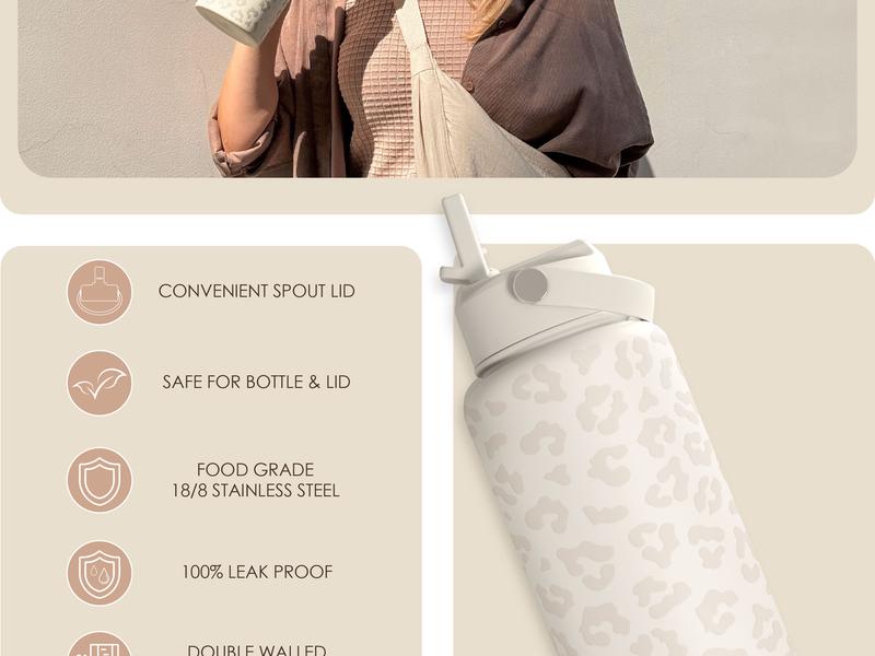 Sandjest SipChic 32oz Sports Water Bottle with Flip Straw & Handle, Portable Insulated Stainless Steel Leak Proof, Travel Gym Mom Nurse Christmas Gift