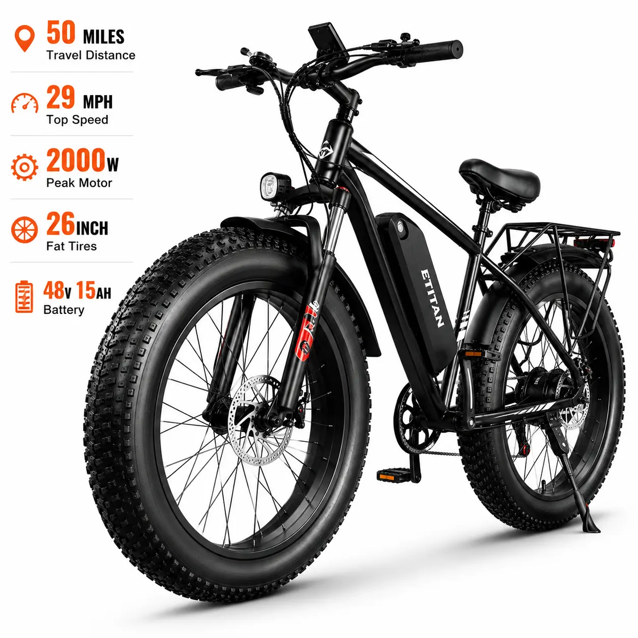 26-Inch Adult Rugged Fat Tire Electric Mountain Bike - 2000W Peak Motor, 48V 15Ah Rechargeable Battery, 29MPH Max Speed, 35-50 Mi Range, Front Easy-Remove Design, Adjustable Gears, for Sports & Recreation Cycling