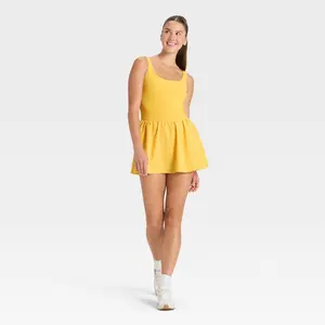 JoyLab Women's Game Day Bubble Skort Active Dress - Square Neck Sleeveless Mini Dress with Built-in Bra & Shorts