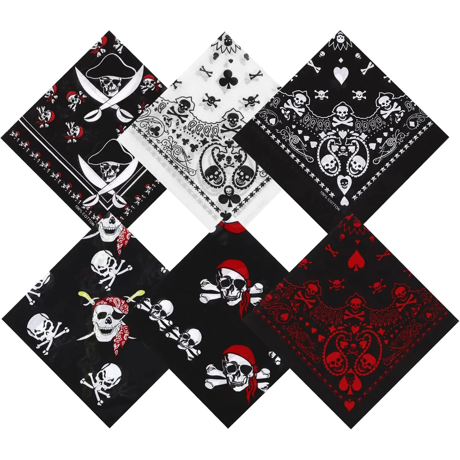 6-Pack 100% Cotton Skull Bandana - Fashion Headscarf, Decorative Scarf, Breathable Bandana Head Wrap for Men