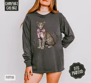 Coquette Leopard Long Sleeve Comfort Colors, Trendy Women's Shirt