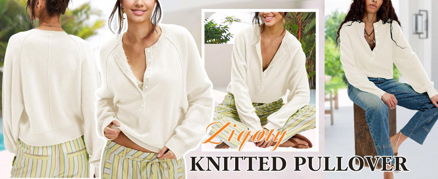 SCUSTY Womens Long Sleeve Knitting Sweater Tops Half Button Sweaters Henley Neckline Casual Lightweight Solid Pullover Knitting Knitting