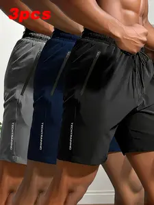 Men’s Sports Shorts 3-Pack – Quick-drying, elastic waistband with drawstring and zippered pockets, durable polyester fabric – Perfect for the gym, outdoor leisure, and casual wear; sporty style, loose fit