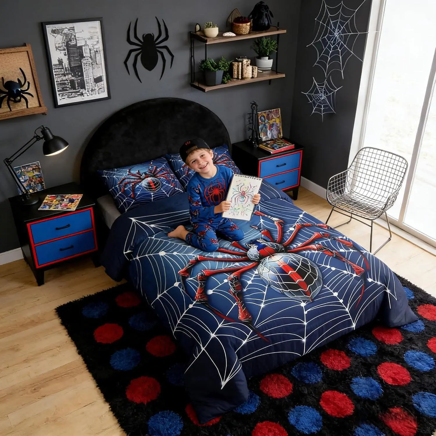 Spider Web Comforter Set,Red Black Spider Arachnid Insect Animal Bedding Set,Room Decor,Happy Halloween Gothic Down Comforter,Blue Fashion Duvet Insert,Pillowcases