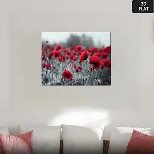 2D Flat, Vintage Red Poppies in Full Bloom Canvas Wall Art Print - Black & White Retro Poppy Field Painting with Red Poppies, Wrapped Framed Poster for Living Room, Bedroom, Kitchen Decor - Minimalist Modern Home Decoration, Vibrant Red & Black	