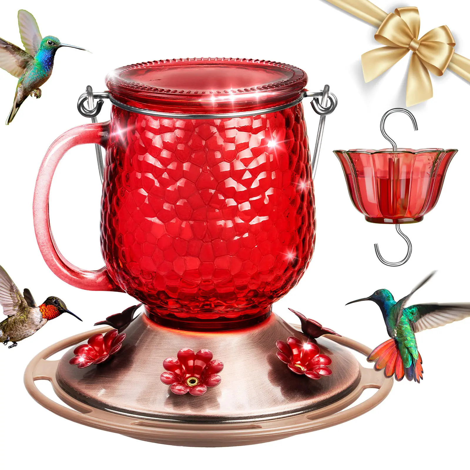 Kingsyard 16oz Glass Hummingbird Feeder - Outdoor Bird Feeding Tool with 6 Flower Ports, Ant Moat Pest Guard, Spill-Proof Design, Ruby-Throated Ready for 2026 Spring Migration Garden Decor
