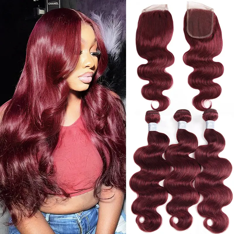 #99J Burgundy Body Wave Human Hair Bundles with 4x4 Lace Closure, Brazilian Sew-In Weave, Closure Hair Extensions, 12-28 Inch, Bodywave Hair