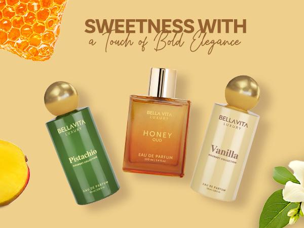 Guilty Pleasure by BellaVita Luxury | 3x100 ml Perfume Set | Honey Oud, Vanilla & Pistachio | Luxury Unisex Perfume for Men & Women | Long Lasting Eau De Parfum with Patchouli, Vanilla, Bergamot, Fruity, Floral, Sweet & Woody Notes | Vegan & Cruelty Free