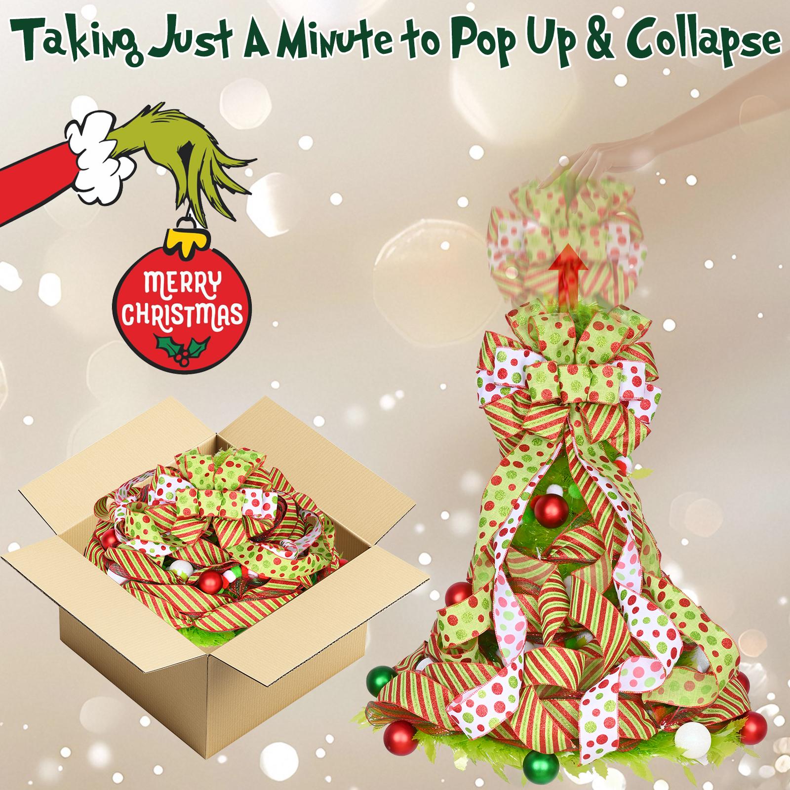 6FT Pop Up Christmas Tree with Lights Remote Control & Ornaments Collapsible Lime Green Xmas Tree with Santa Hat & Bow Tree Topper Whimsical Design for Indoor Outdoor Use Party Decoration Supplies