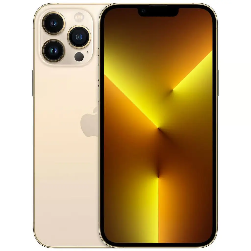 Refurbished Unlocked Gold iPhone 13 Pro Max 128GB Mobile Cellphone - Acceptable Condition, High-Performance Rear Camera, Audio Capable, Bluetooth, Chargeable, Wireless Functionality, Lightning Charging Adapter Included, iOS Smartphone
