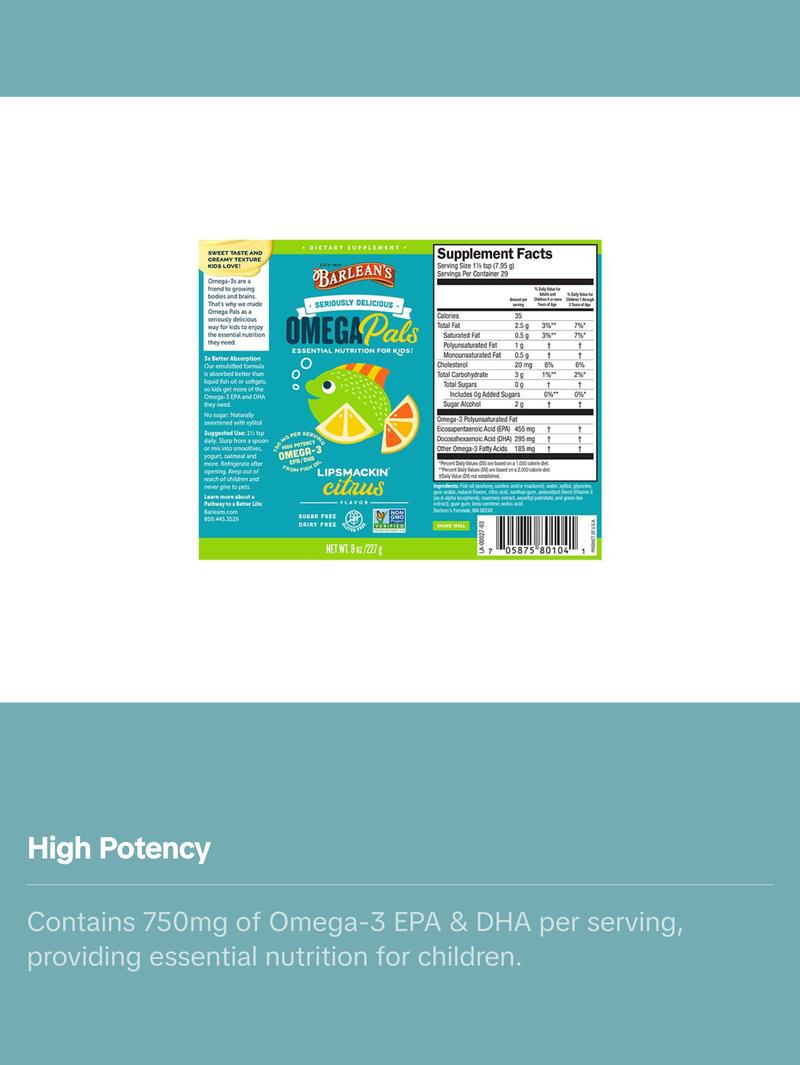 Barlean's Lipsmackin' Citrus High Potency Fish Oil for Kids Healthcare Vitamin