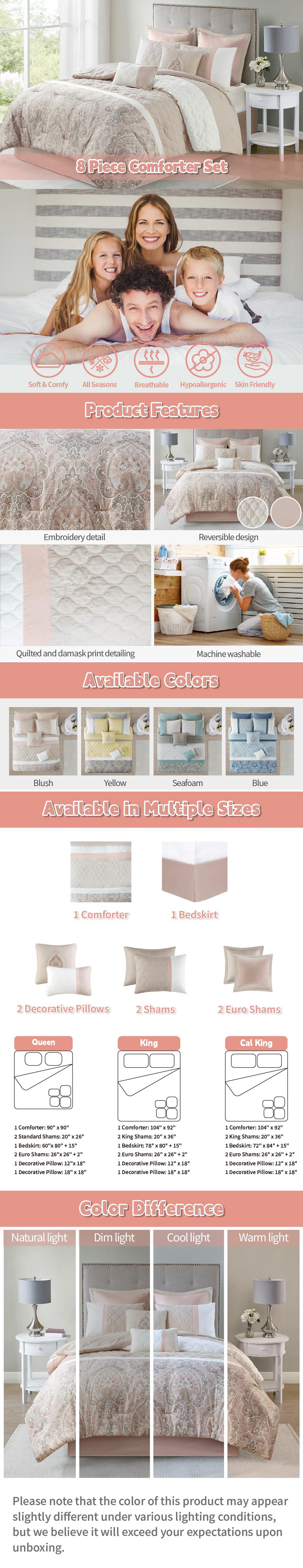 Luxe 8 Piece Comforter Set - Transitional Design with Pieced Quilted Details, Partial Damask Print, Microfiber Comforter & Shams, Embroidery Detail, All Seasons