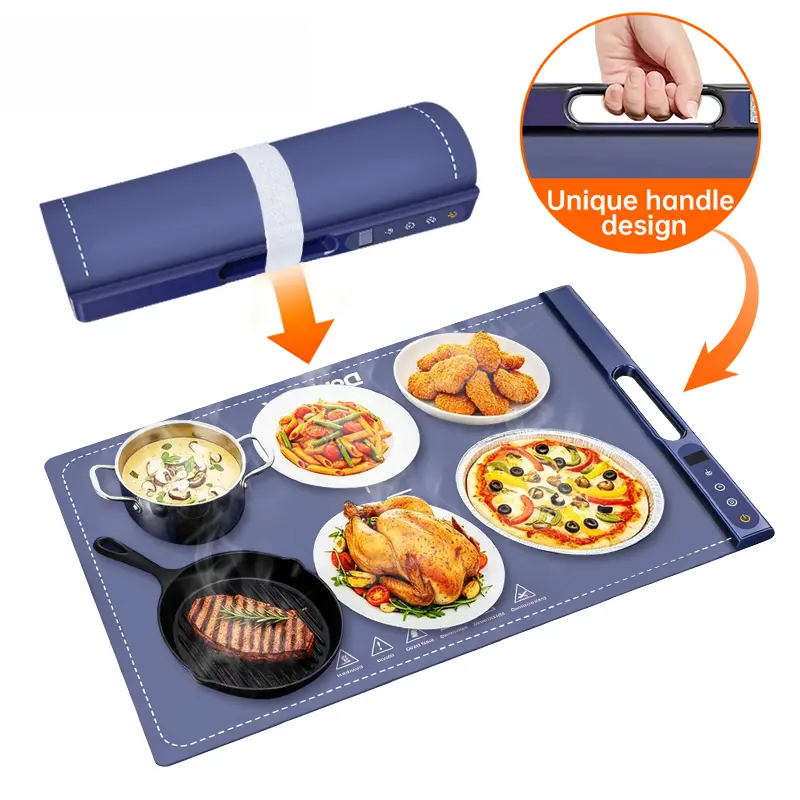 Electric Food Warming Mat - Kitchen Supplies, Rollable Flexible Wear-Resistant Silicone Tray with Touchscreen Temp LCD, 3 Temp Settings, 4-Hour Timer, Auto Shut-Off, Set and Leave, Great for Buffet Spreads & Countertop Use