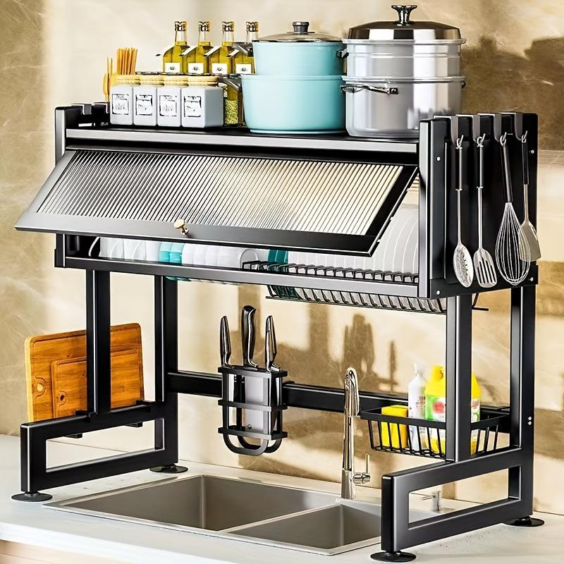 Multi-Functional Kitchen Storage Rack with Cabinet Door Access - Black Metal Countertop Organizer for Dishes, Utensils, and Cookware with Drain Tray, Towel Holder, and Spice Shelf, Sink Storage Solution Functional Kitchen Accessory