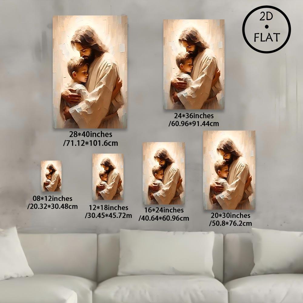 Christian Wall Art Jesus with Boy Shepherd Art 2D Flat Framed Canvas Print Waterproof Silver Wall Art for Gifts and Decor