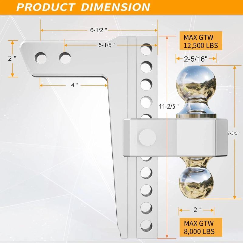 Aluminum Adjustable Trailer Tow Hitch 2"&2.5'' Receiver 10" Drop 12,500 LBS - 18,500 LBS with 2 Locking Pins
