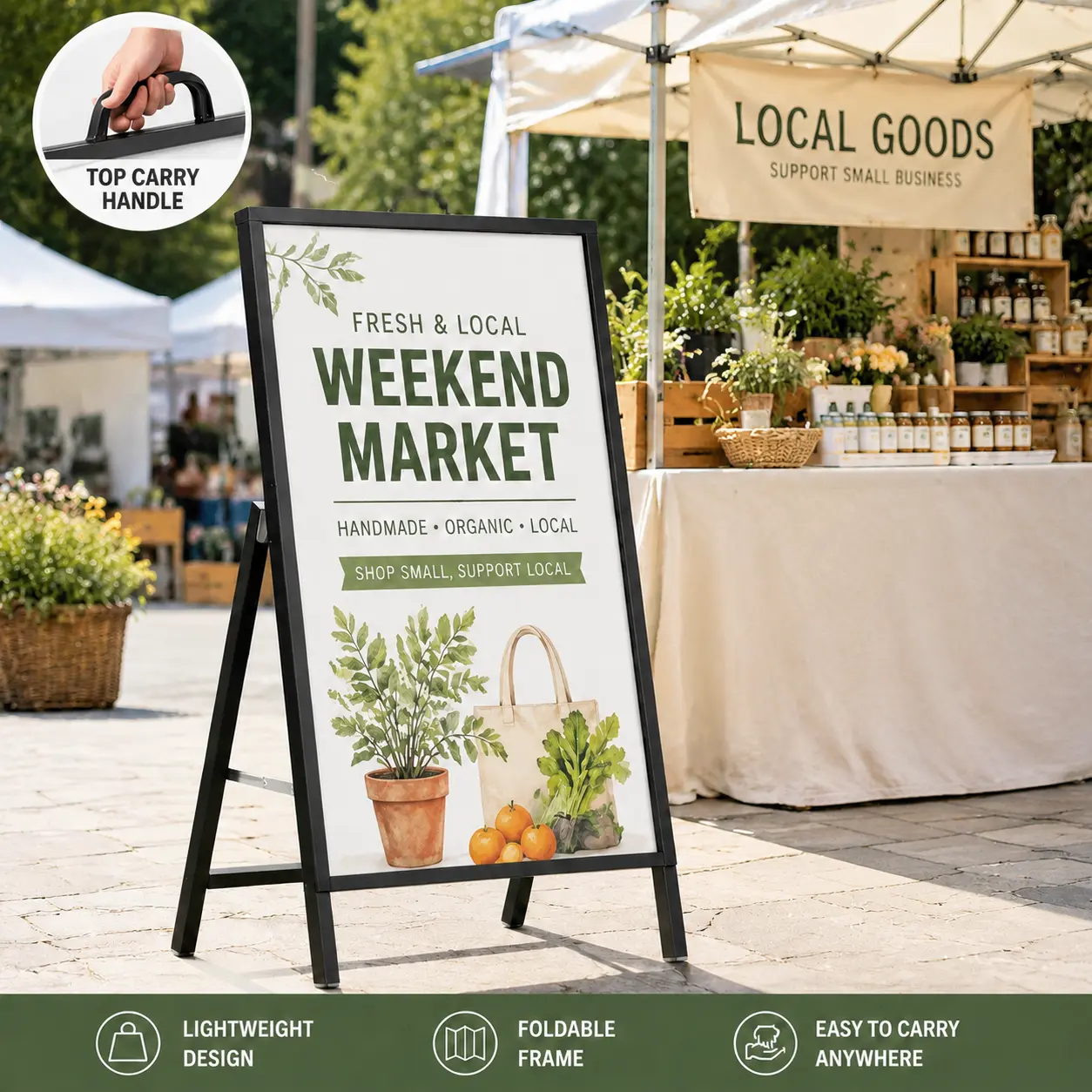 Foldable A-Frame Iron Poster Stand with Carry Handle, Waterproof Sidewalk Sign Holder, Top Slot Fits 5mm Foam Board for Retail Store Cafe Outdoor Promotion