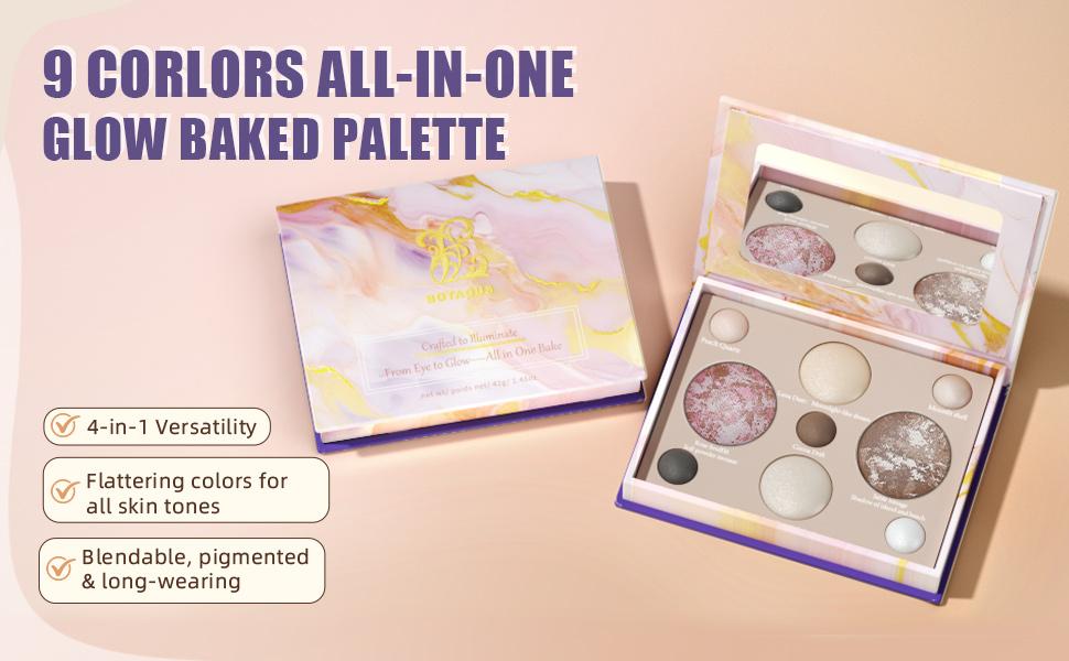 BOTAGUS Baked All-in-One Palette - Bronzer, Blush, 2 Highlighters & 5 Eyeshadows - Full Size, Travel-Ready, Long-Lasting Radiance Makeup Kit