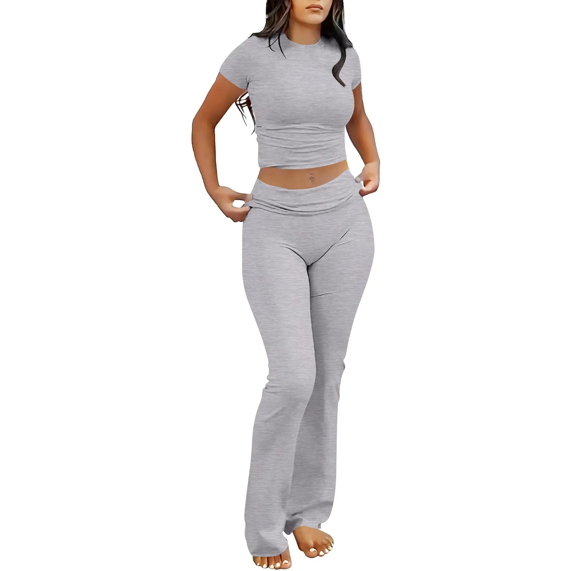 ANRABESS Women's 2 Piece Lounge Sets Fold-over Flare Pants Set Shorts Sleeve Y2K Cropped Top Casual Matching Outfits Pajamas Loungewear Nightwear Womenswear