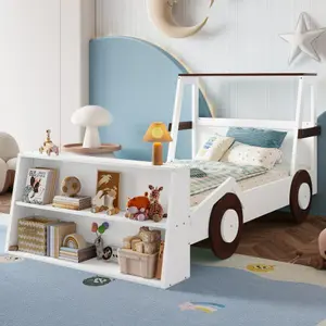 Twin Size Car Bed with Storage Shelves,  Platform Bed with Cute Car-shape, Childlike Design, Brown & White   Downloads: 59  Twin Size Car Bed with Storage Shelves,  Platform Bed with Cute Car-shape, Childlike Design, Brown