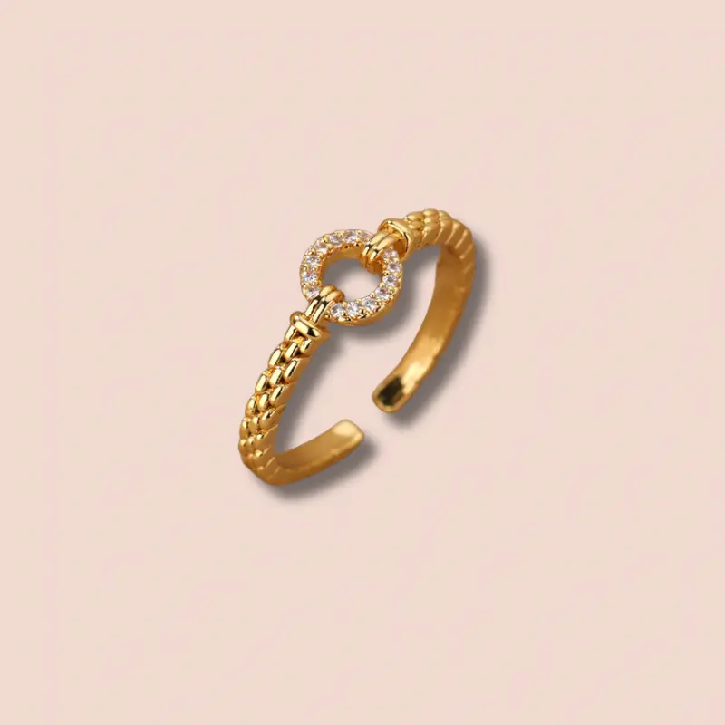 Halo Shine Delicate Gold Ring with Sparkling Zirconia Circle Adjustable Stainless Steel Water Resistant Tarnish Free