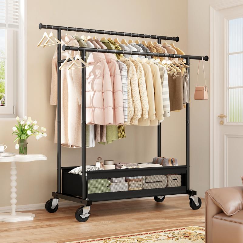 Raybee Heavy Duty Clothing Racks with Net Pocket Holds Up to 210lbs,Double Rod Metal Clothes Rack for Hanging, Rolling Garment Rack with Wheels Portable Closet Racks for Bedroom, Laundry Room,Dorm, Black, White, Gold Raybee Heavy Duty Clothing Racks with Net Pocket Holds Up to 210lbs,Double Rod Metal Clothes Rack for Hanging, Rolling Garment Rack with Wheels Portable Closet Racks for Bedroom, Laundry Room,Dorm, Black, White, Gold