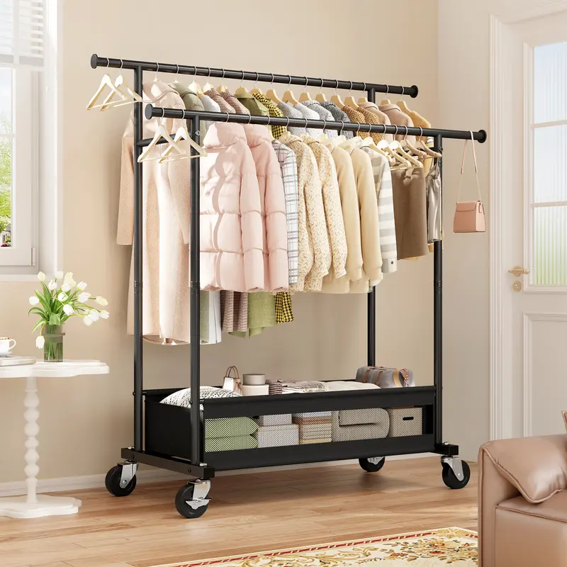 Raybee Heavy Duty Clothing Racks with Net Pocket Holds Up to 210lbs,Double Rod Metal Clothes Rack for Hanging, Rolling Garment Rack with Wheels Portable Closet Racks for Bedroom, Laundry Room,Dorm, Black, White, Gold