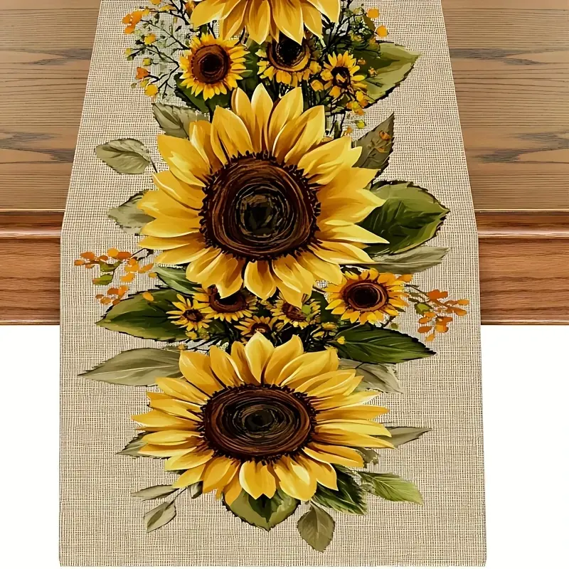 1pc Decorative Rustic Character Sunflower Large Flower Motif Runner - 1-Piece Polyester Textured Fabric, Machine-Washable, Artistic Food Print, Warm Home Accent for Kitchen, Dining-Coffee Table Christmas Decor
