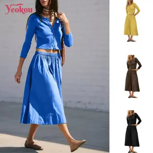 Yeokou Women's  2 Piece Lounge Sets Matching Vacation Outfits Ribbed Button Down Cardigan and Elastic Waist Skirt Sets
