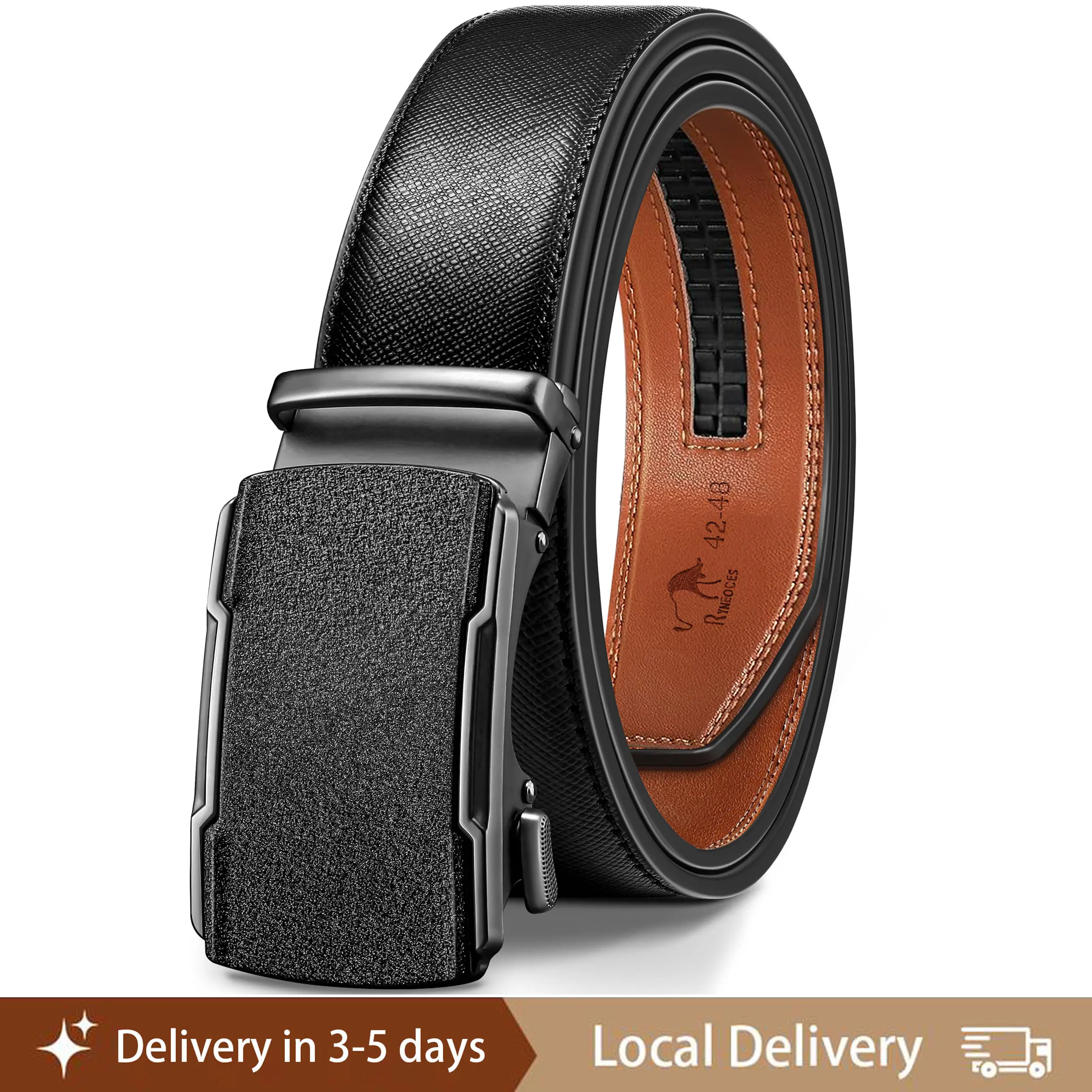 RYNEOCES Modern Men's Ratchet Belt - Genuine Cowhide Leather, Easy Fit Adjustable Quick Release System, Matte Finish Automatic Buckle, Elegant Design for Dress & Casual Wear, Men's Accessories, Gift Box Included