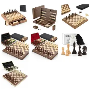 Luxury walnut wood and tiger stripe wood board game set combo — magnetic foldable chess, checkerboard, and backgammon sets, includes high-quality Staunton pieces and travel storage box