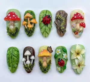 3D Mushroom Ladybug Forest Press On Nails | Fairy Garden Nature Fake Nails | Cute Woodland Handmade Glue On Nails | Custom False Nails Set