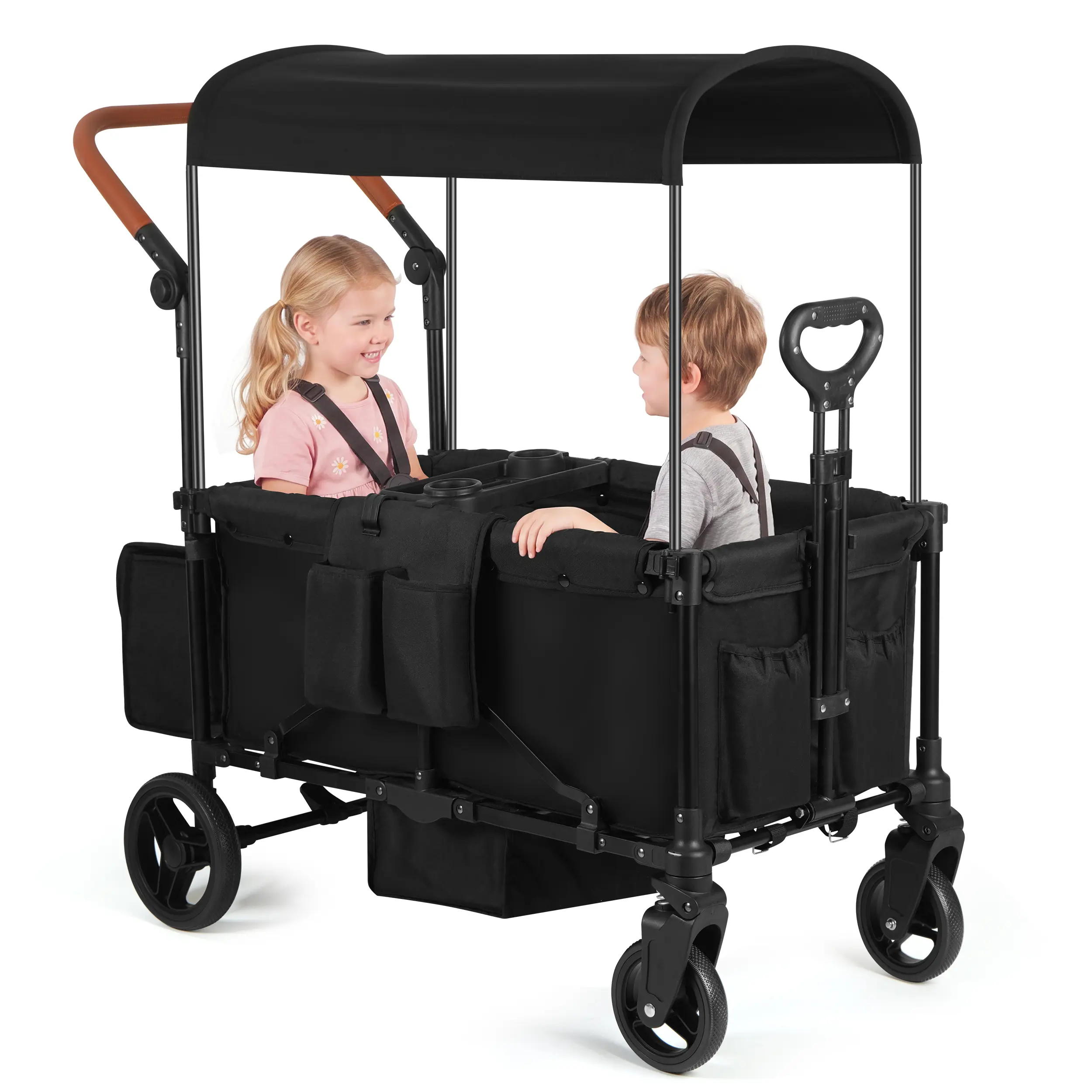 Veqnaro Baby All-Terrain Stroller Wagon, 2-Seater for 6 Months–6 Years Kids, Foldable with Push-Pull Handle, 5-Point Harness, Snack Tray, Removable Canopy, Storage Bag, Footwell, 50 lbs/Seat Capacity