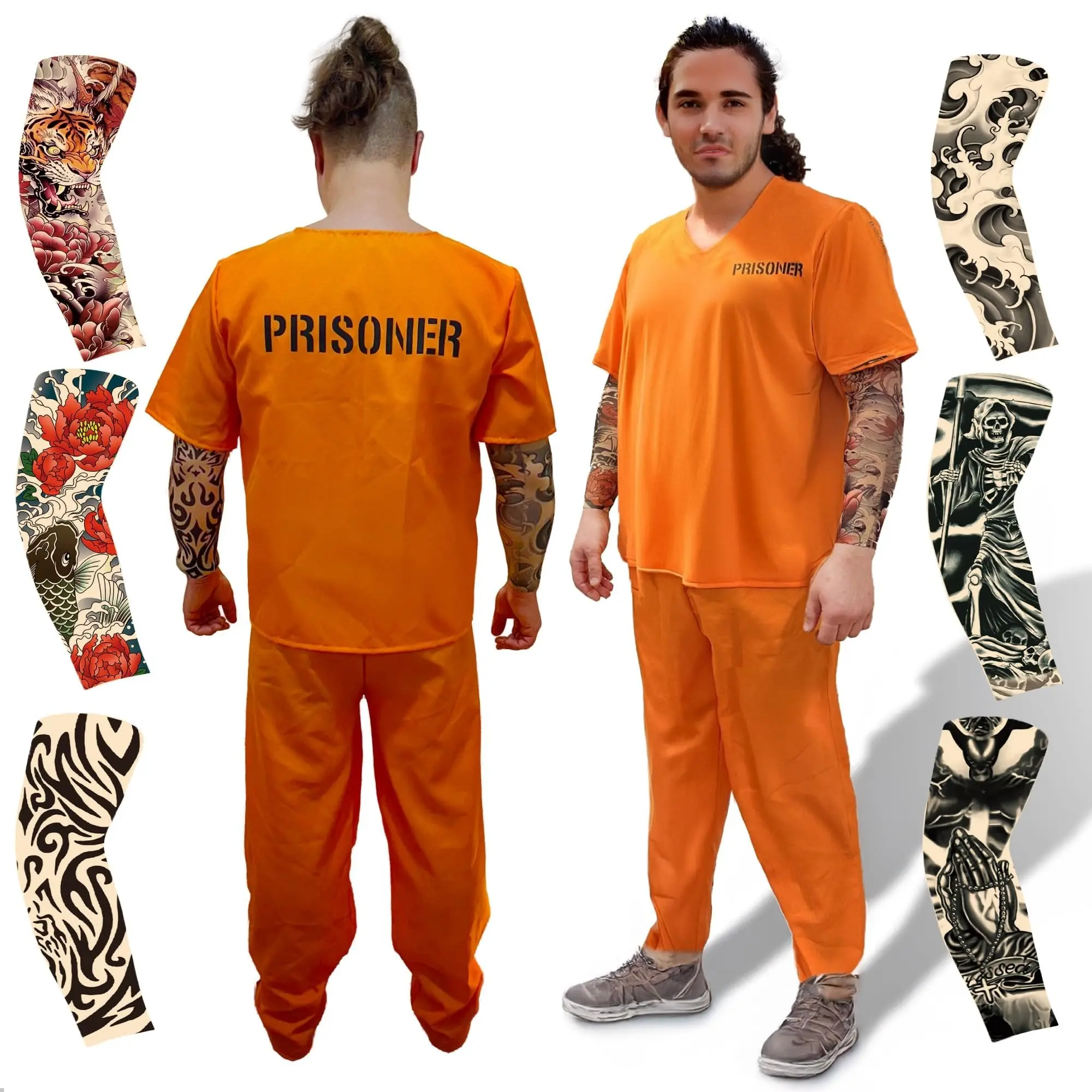 Orange Prisoner Costume with 6 Outlaw Sleeve Tattoos for Men - Size Medium - Adults