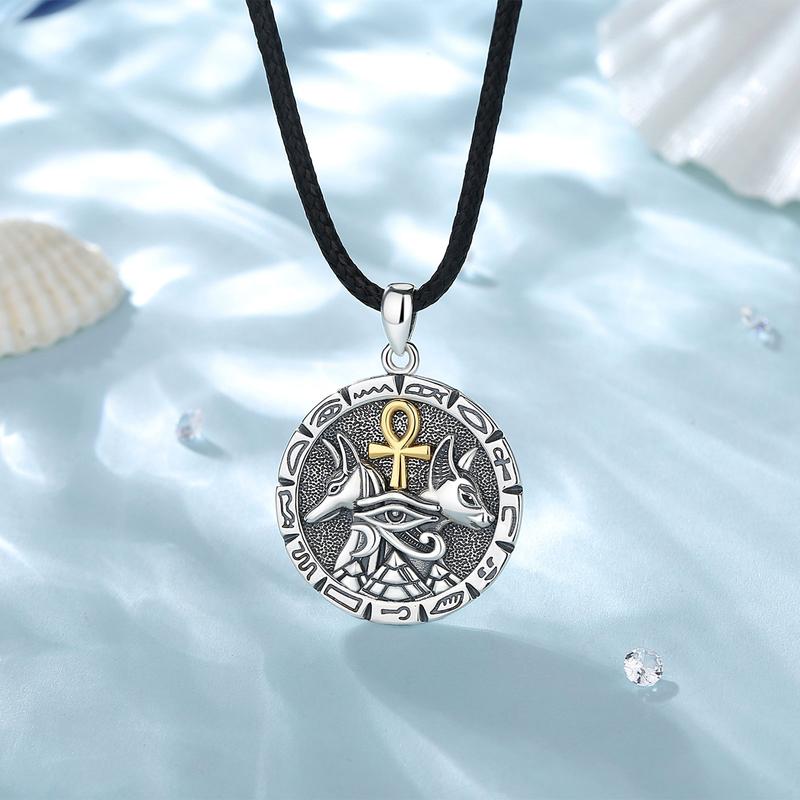 Eudora S925 Sliver Egyptian Necklace, Anubis & Horus God Pendants, Two-Tone Gold Eye of Horus Ankh Amulet,  Mythology Jewelry, Guardian  Hieroglyphics   Gift