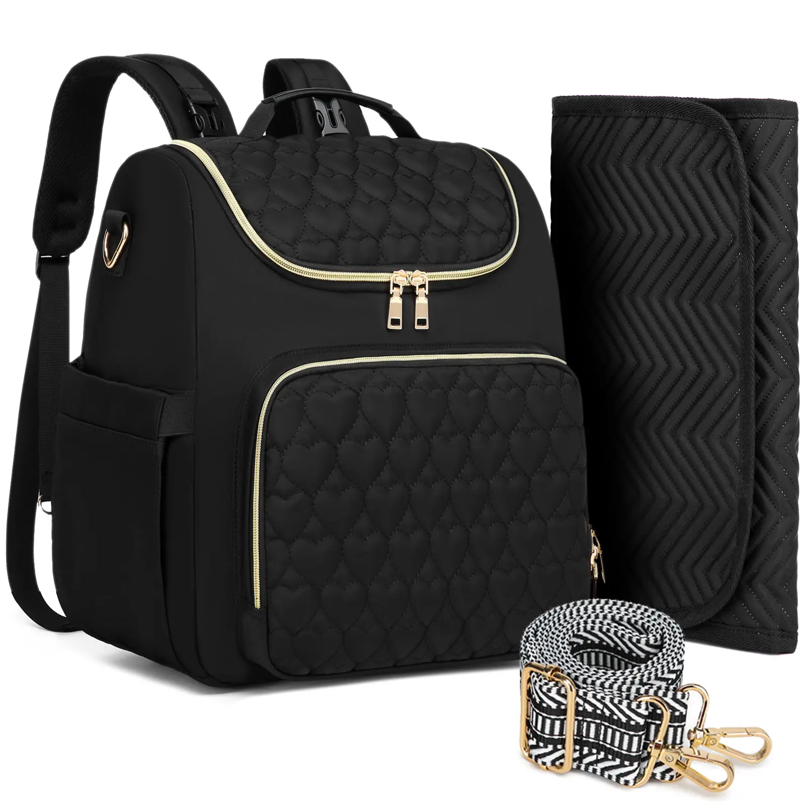 Quilted Heart Multifunctional Diaper Backpack with Changing Station for Parenting Mamas, Large Capacity with Stroller Hanging Straps, Diaper Bag With Changing Station, Mummy Bag, Adult, Oxford Fabric, Zip, Plain, Multi-Pocket, Unisex, Hand Wash Only