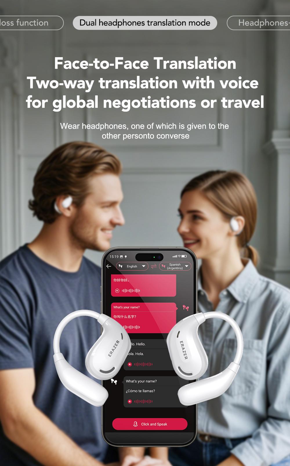 ERAZER XT66Pro OWS Translation Wireless Bluetooth Earphones Support 135 Languages Real Time Bluetooth Translation Earbuds HIFI Sound Quality Light-Weight Headphones Built-in Microphone Support Phone Calls Music AI Chat