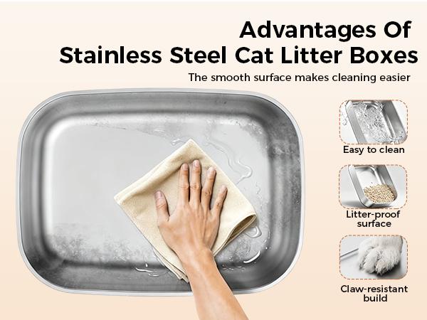 【For Big Cats】Extra Large Stainless Steel Cat Litter Box with Lid XL Enclosed Metal Litter Box for Large Cats, Features High Sidewalls, Removable Cover, Leak-proof, Non-stick, Easy to Clean, Beige Color