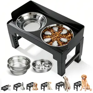 Elevated Dog Bowls with Splash Guard & Slow Feeder, Tiltable & Foldable Raised Stand, Includes 2 Stainless Steel Bowls & 1 Slow Feeder Bowl, 6-Height Adjustable  for Small Medium Large Dogs