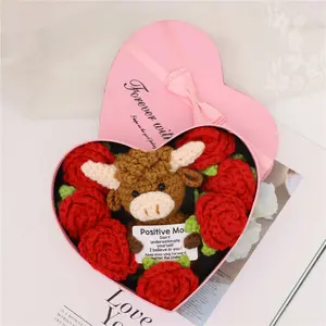Greatflower Handmade Crochet Cute Cow Red Rose Eternal Flower Heart-Shaped Gift Box, Exclusive Heartwarming Gift for Valentine's Day Mother's Day  Confession
