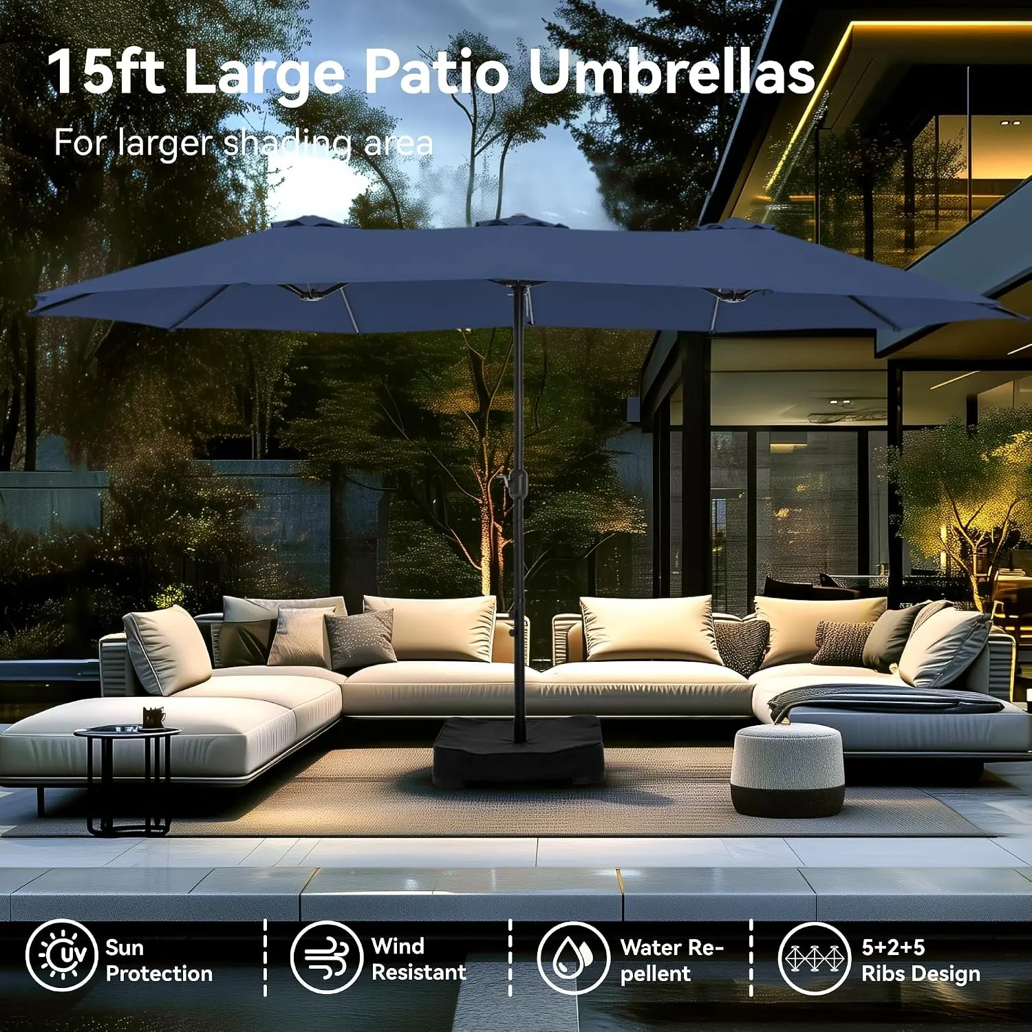 [Crazy Price] 15ft Large Outdoor Patio Umbrella – Comes with Weighted Base and Sandbag, Crank Handle, Waterproof, Accommodates 10 People, Great for Poolside, Garden, Lawn, Backyard, Deck and Beach